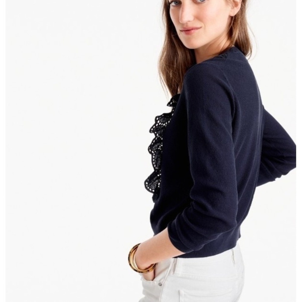 J.Crew Navy Blue Lace Eyelet Bib Ruffle Front Summerweight Cotton Sweater XXS - Picture 3 of 10